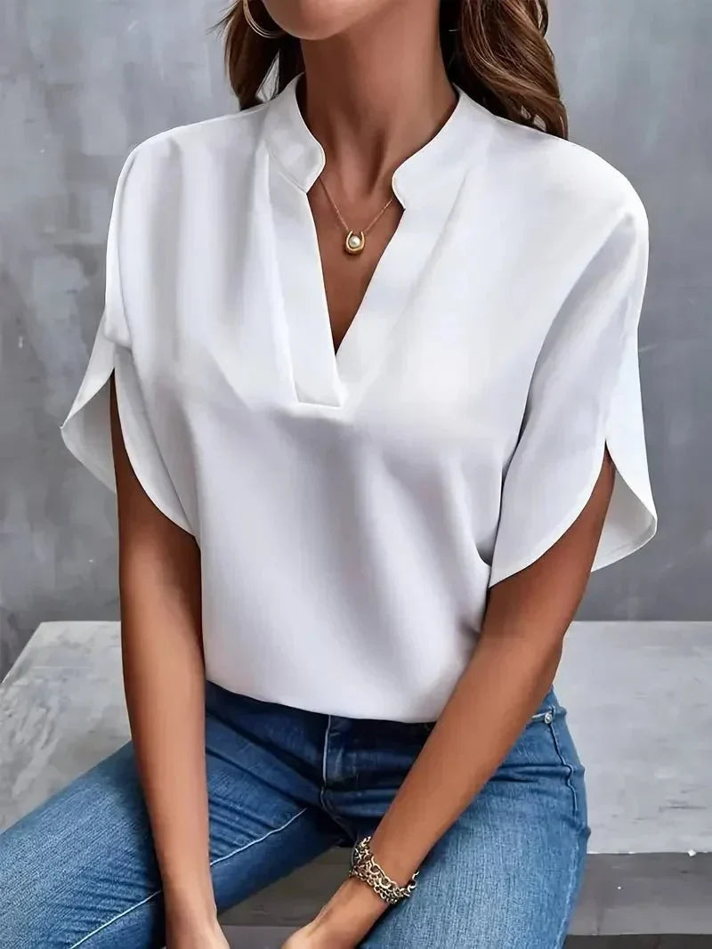 Women's Elegant Split Neck Blouse – Relaxed Fit with Draped Short Sleeves for Office and Smart Casual Wear