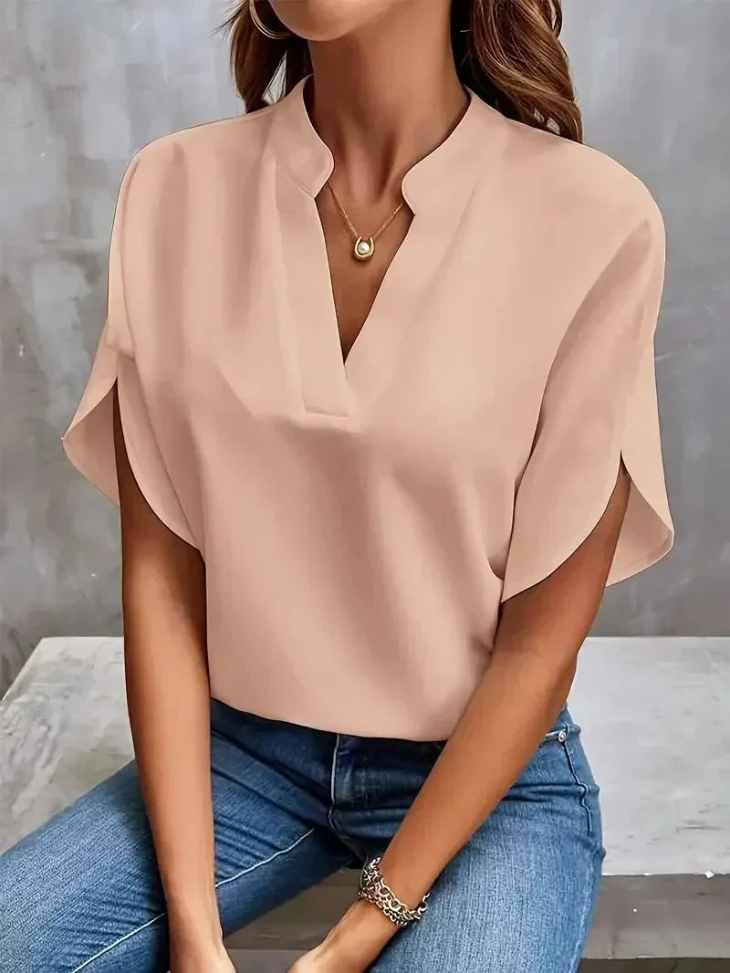 Women's Elegant Split Neck Blouse – Relaxed Fit with Draped Short Sleeves for Office and Smart Casual Wear