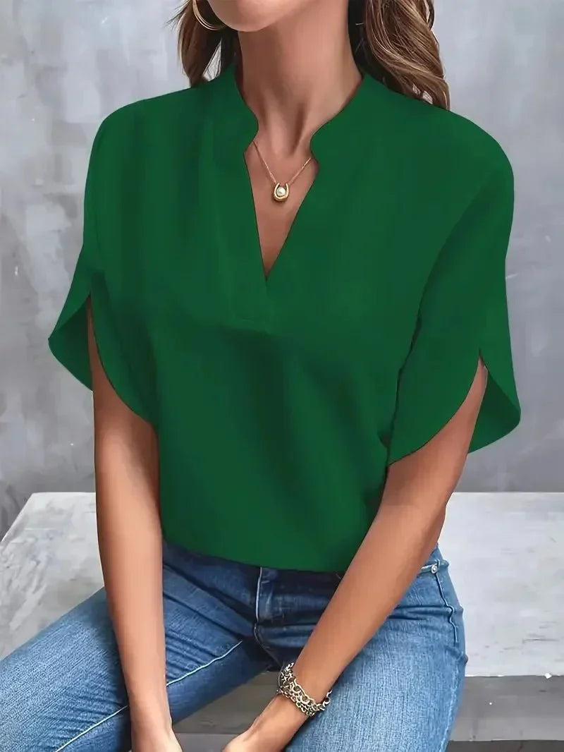 Women's Elegant Split Neck Blouse – Relaxed Fit with Draped Short Sleeves for Office and Smart Casual Wear