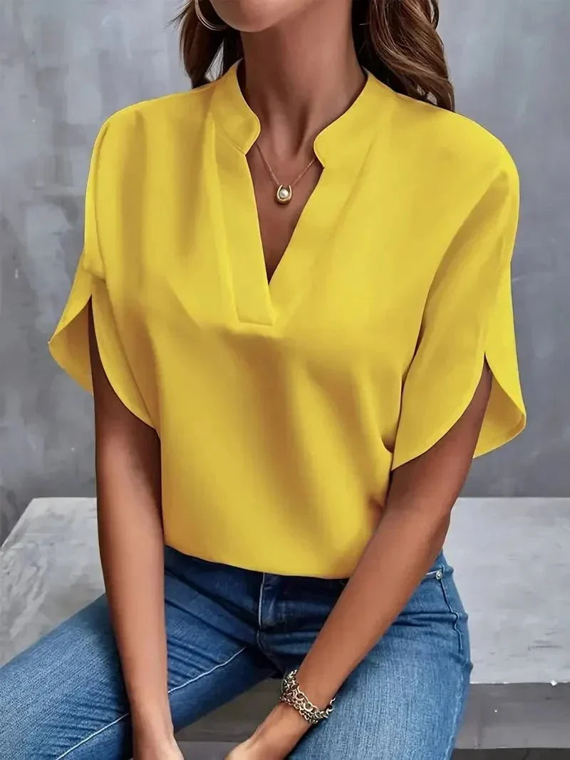Women's Elegant Split Neck Blouse – Relaxed Fit with Draped Short Sleeves for Office and Smart Casual Wear