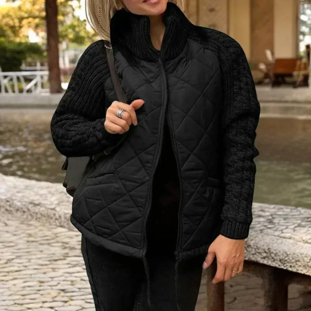 Women’s Quilted Zip-Up Jacket with Knitted Sleeves and Stand Collar – Warm Casual Outerwear for Autumn and Winter