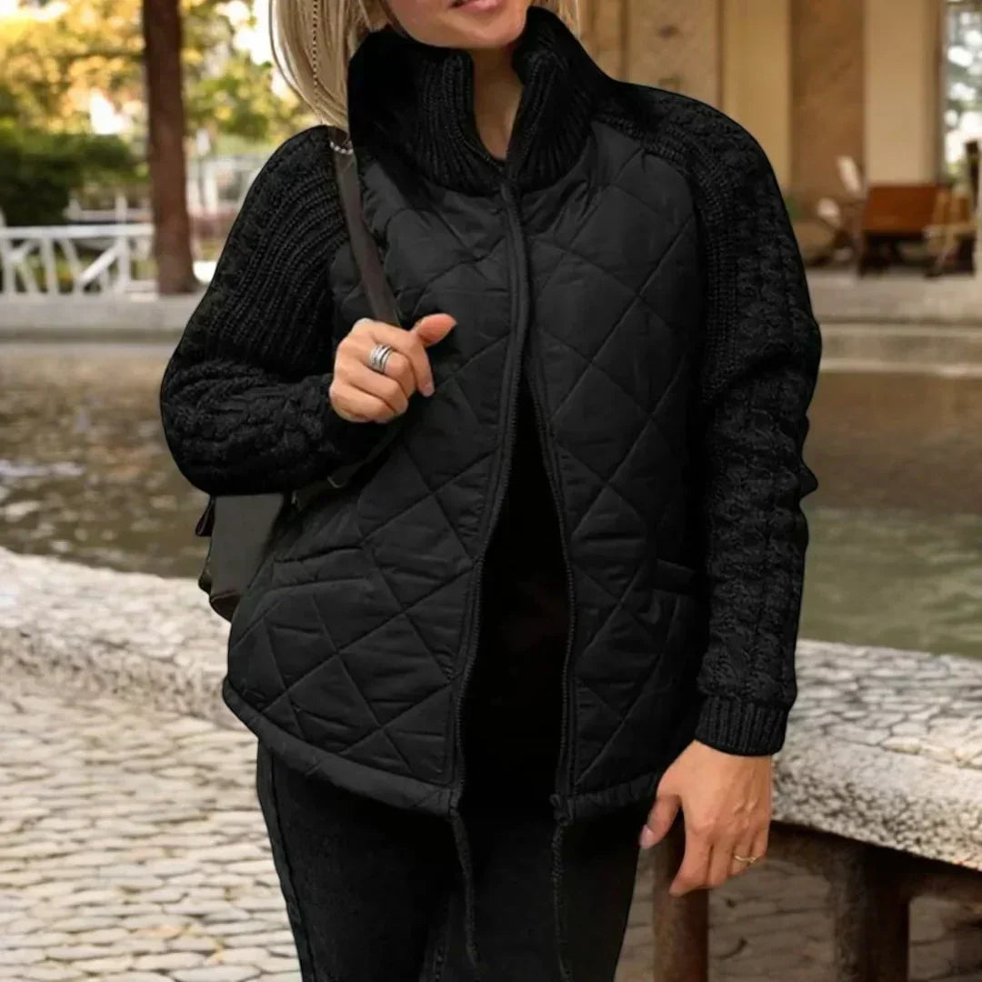 Women’s Quilted Zip-Up Jacket with Knitted Sleeves and Stand Collar – Warm Casual Outerwear for Autumn and Winter