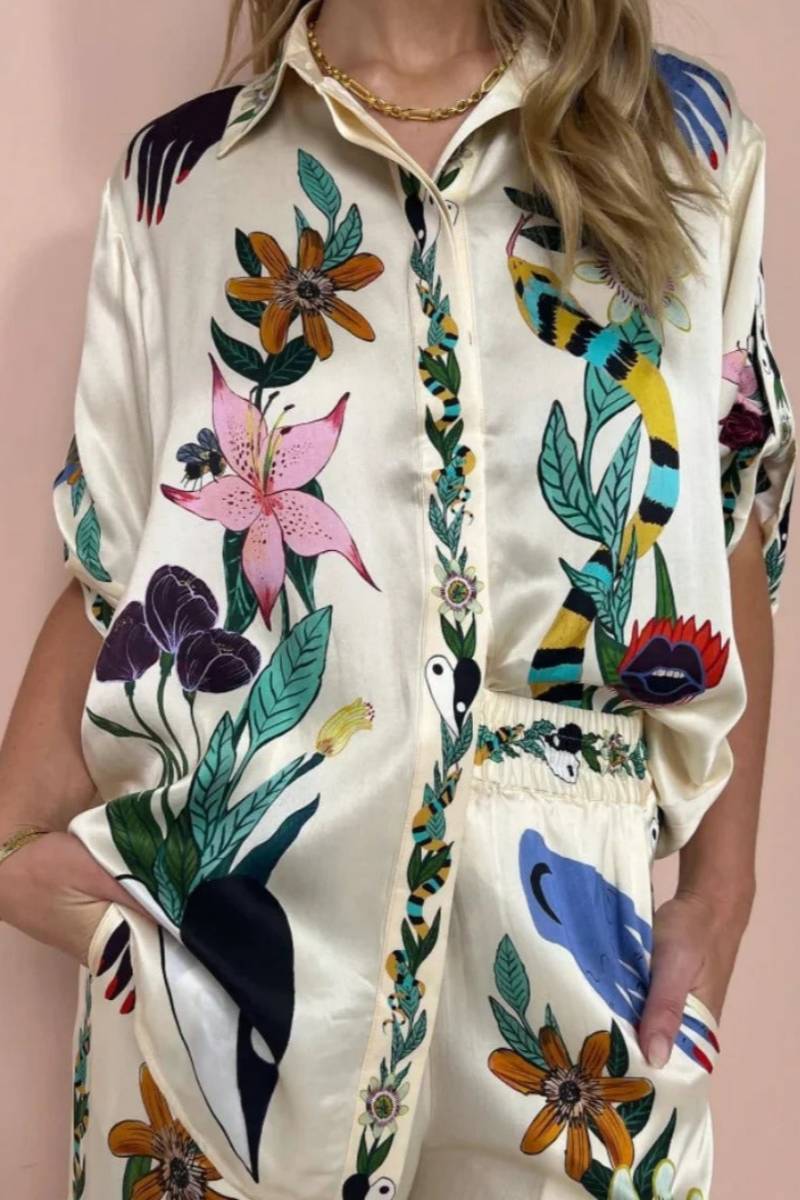 Boho Nature Patterned Satin Shirt & Trousers Set