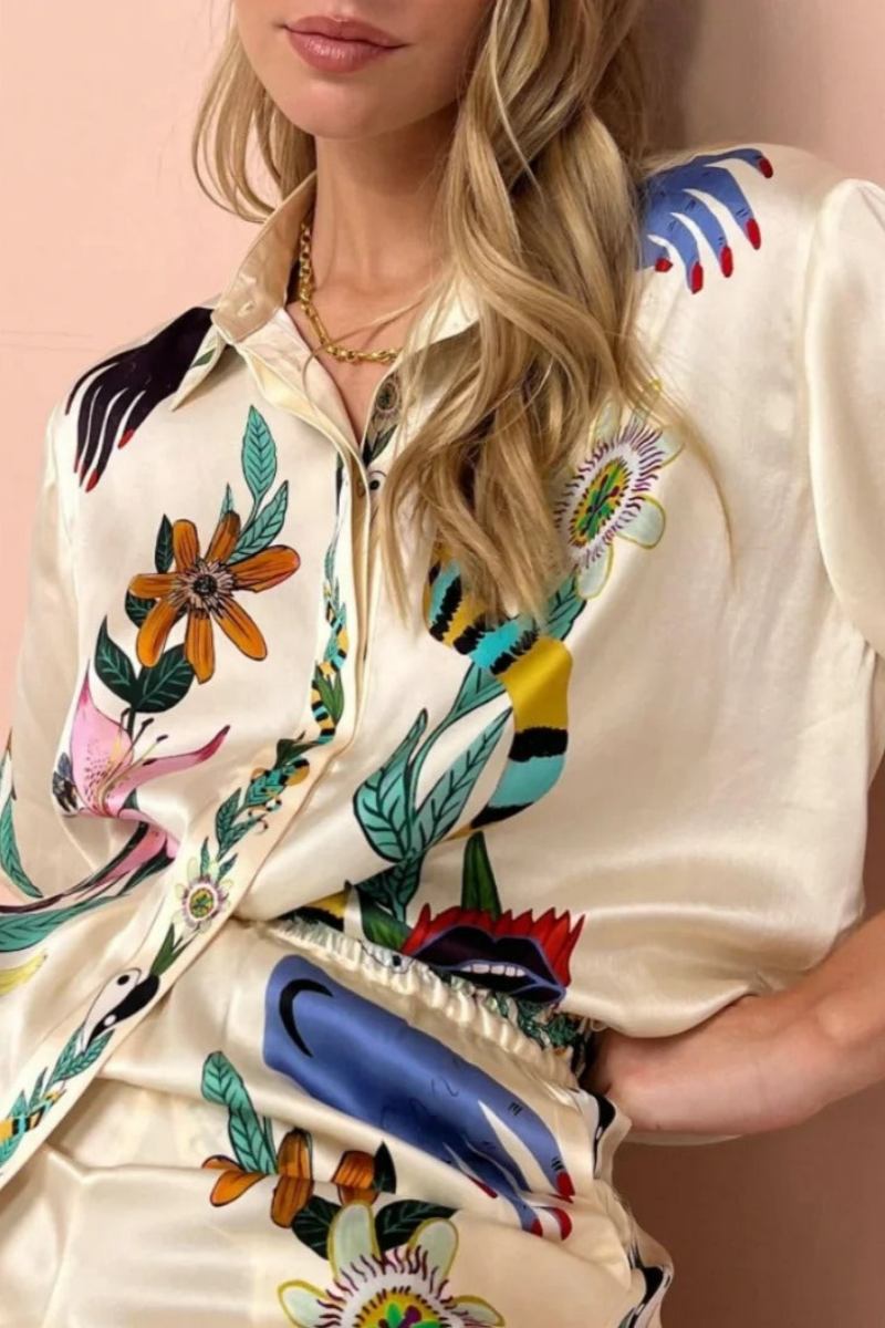 Boho Nature Patterned Satin Shirt & Trousers Set