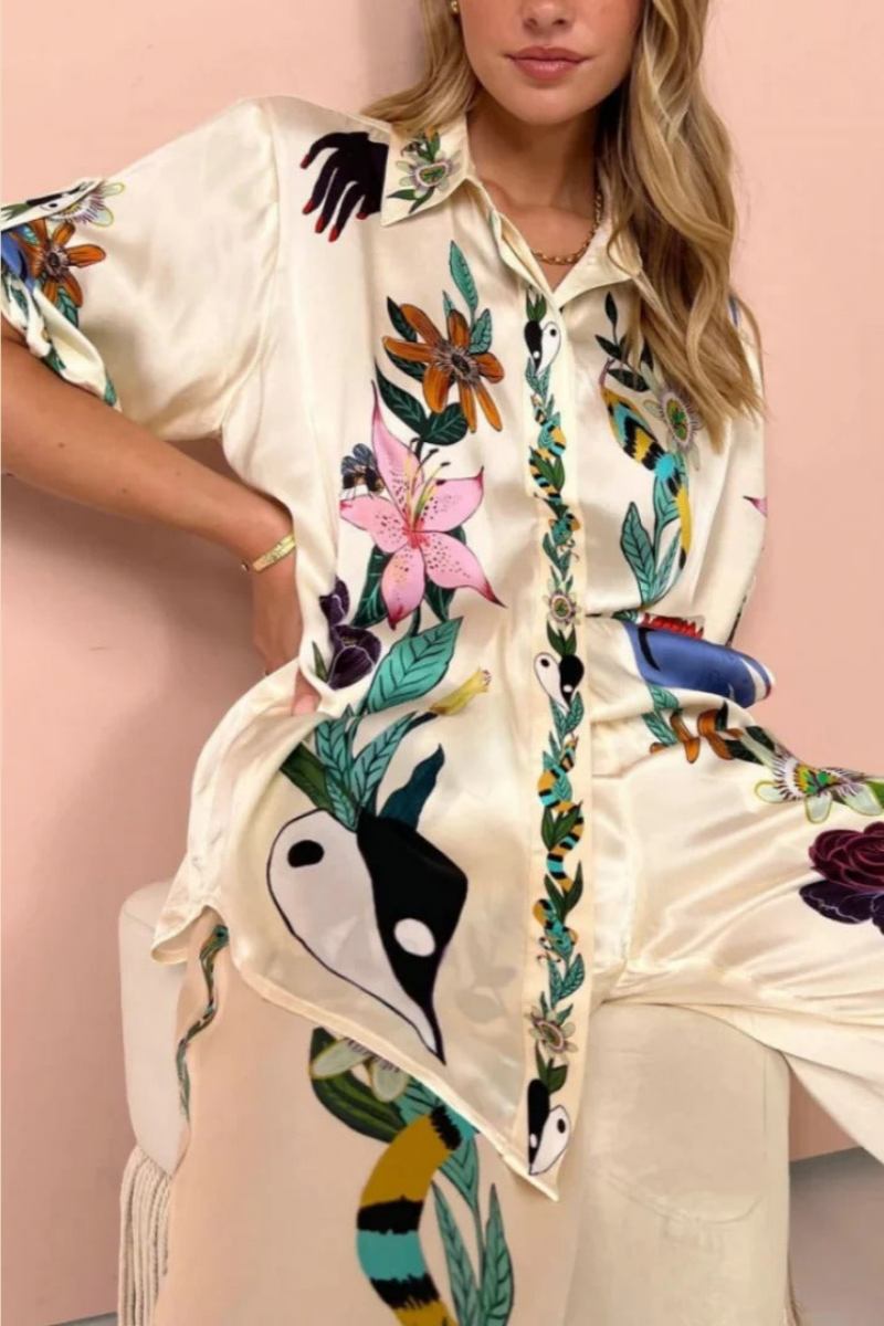 Boho Nature Patterned Satin Shirt & Trousers Set