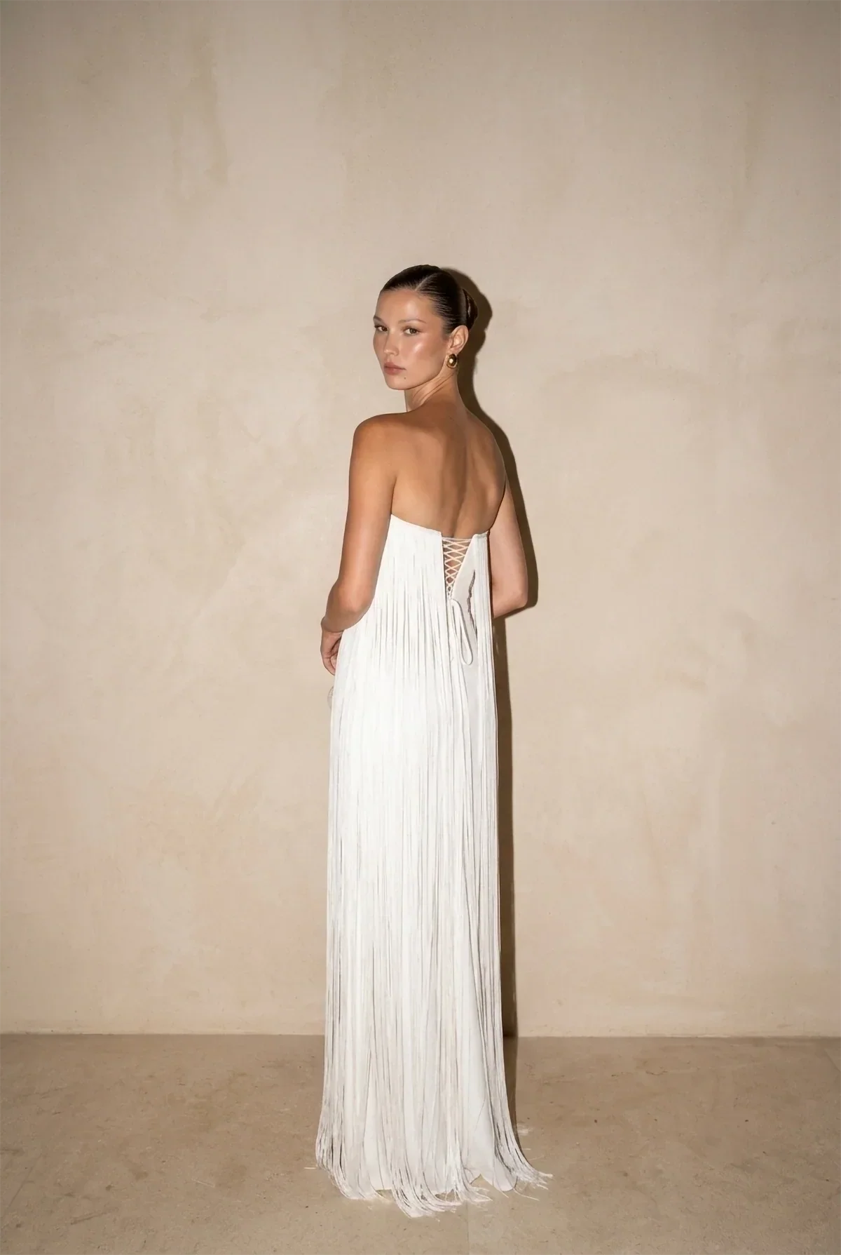 White Strapless Fringed Pleated Maxi-Length Dress