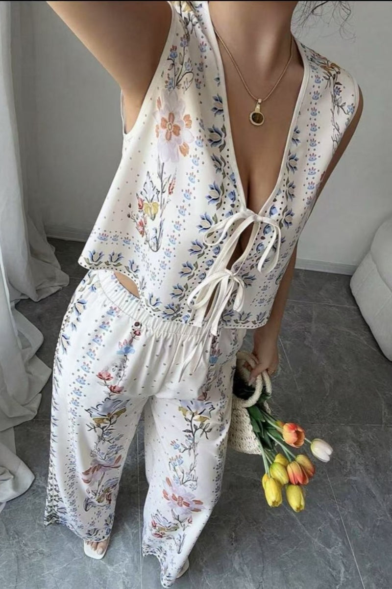 Tie-Up Vest & Wide-Leg Trousers Set Sky Blue Print