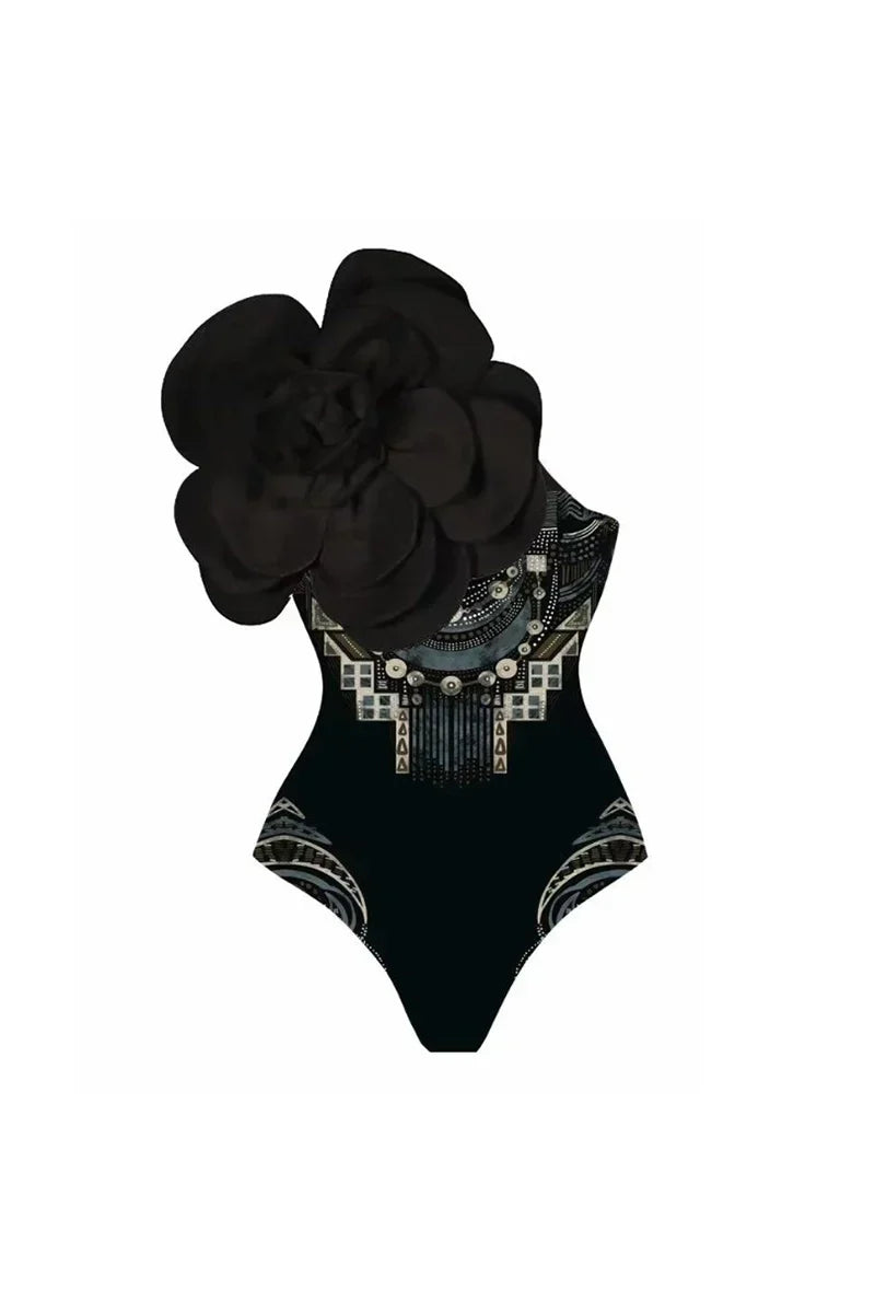 Flower Print One-Piece With 3D Black Flower