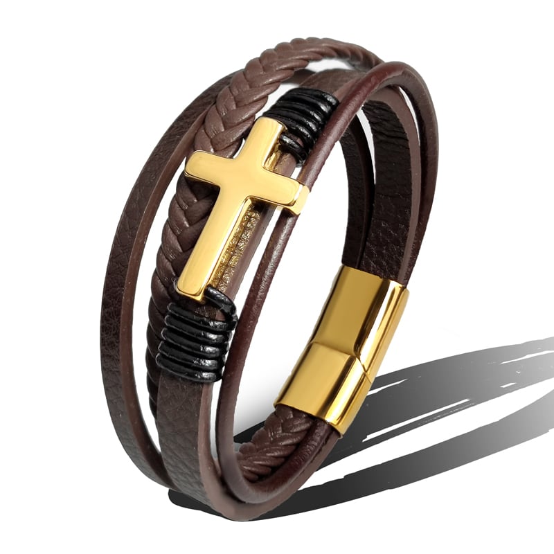 Men's Braided Leather Bracelet with Stainless Steel Cross - Sentinel