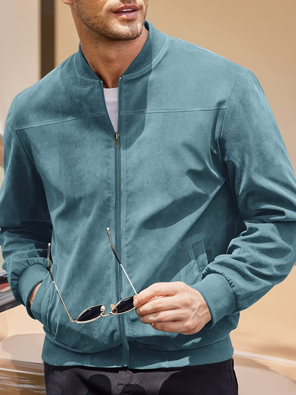 Suede Leather Jacket with Multiple Pockets