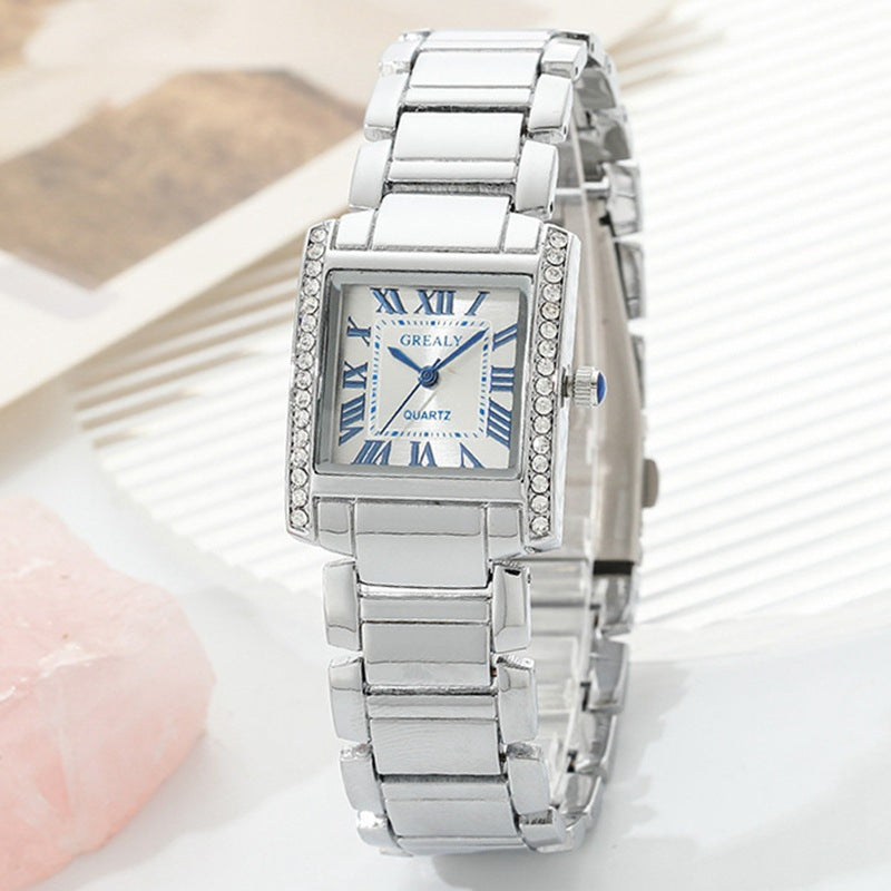 Rectangular Women's Watch with Roman Numerals and Crystal-Embellished Polished Metal Case
