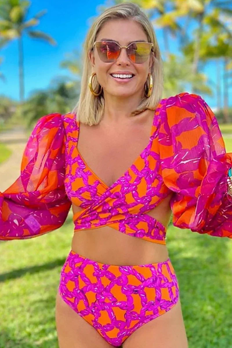 Long-Sleeve Tie-Up Patterned Swimwear Set