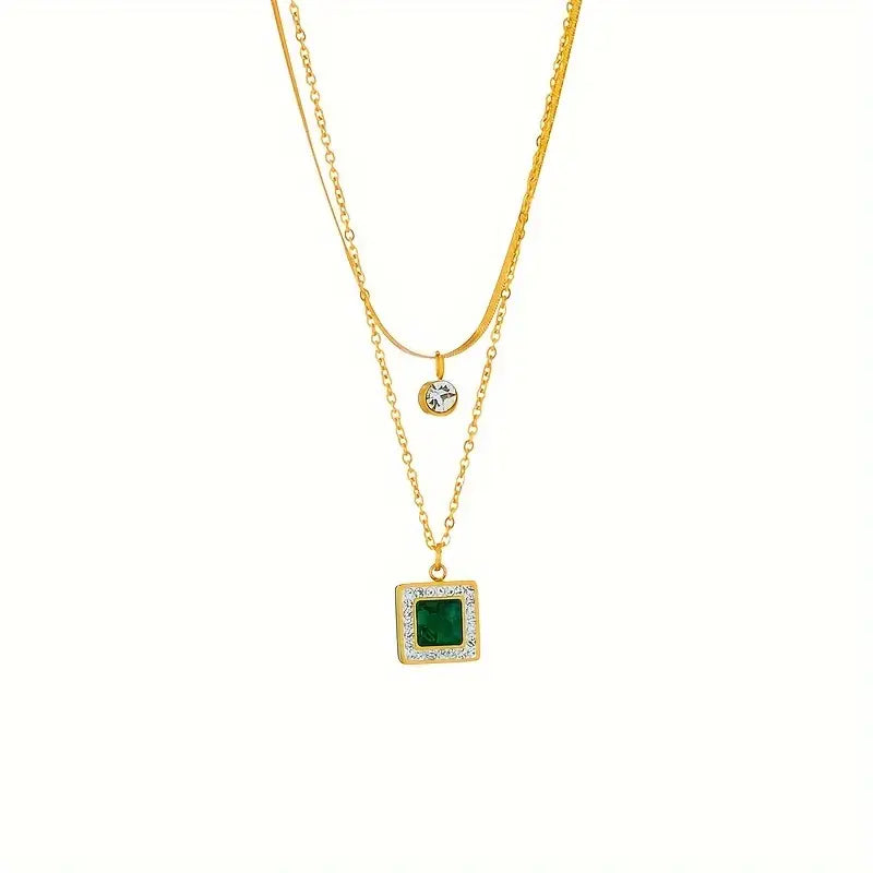 Althea Gold-Plated Double Necklace with Green Crystal Pendants