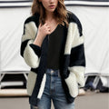 Women's Fluffy Colour Block Open Front Cardigan – Relaxed Long Sleeve Soft Plush Knitted Cardigan with Ribbed Trim for Autumn and Winter Layering