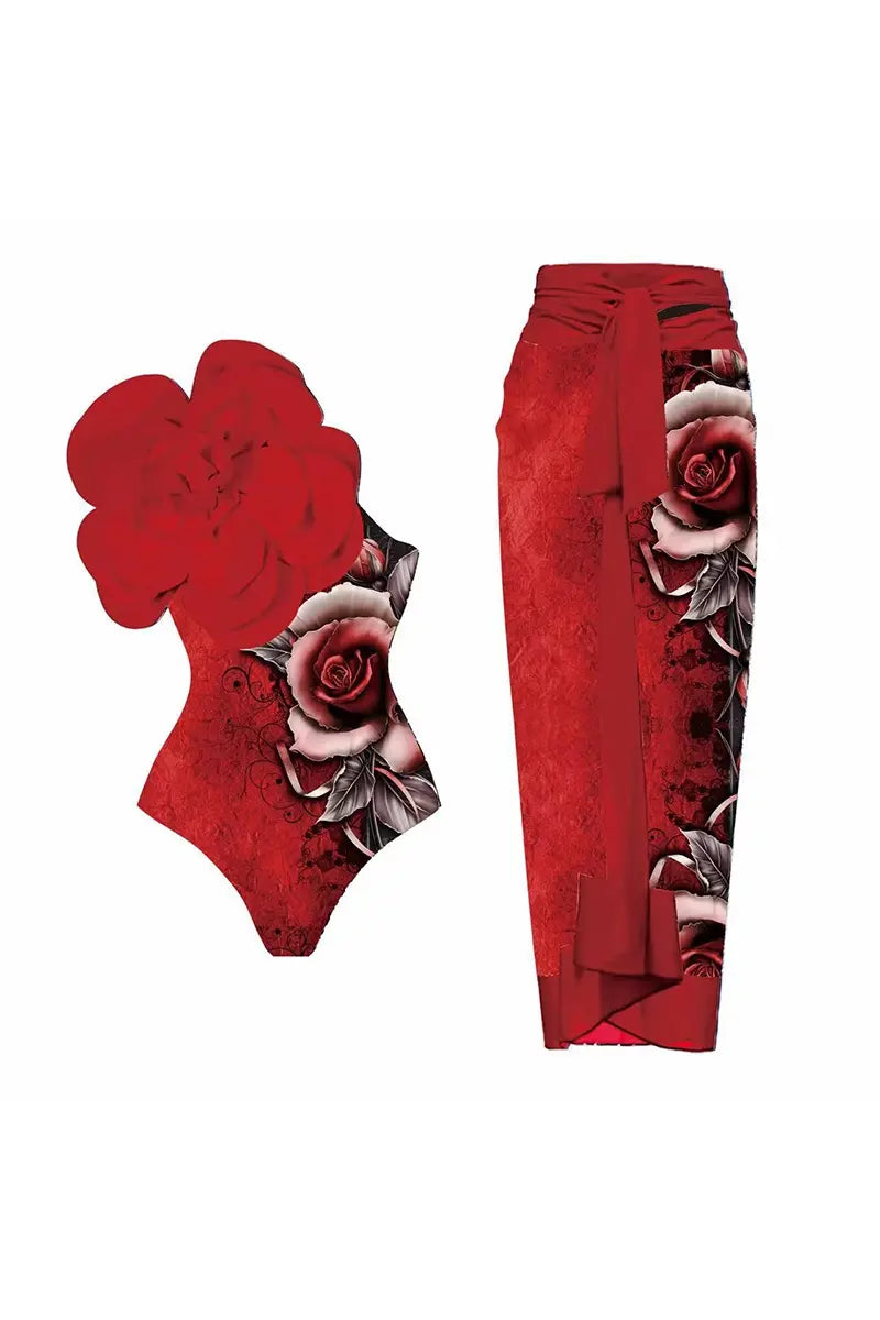 3D Red Flower Bust Accent Patterned Swimsuit