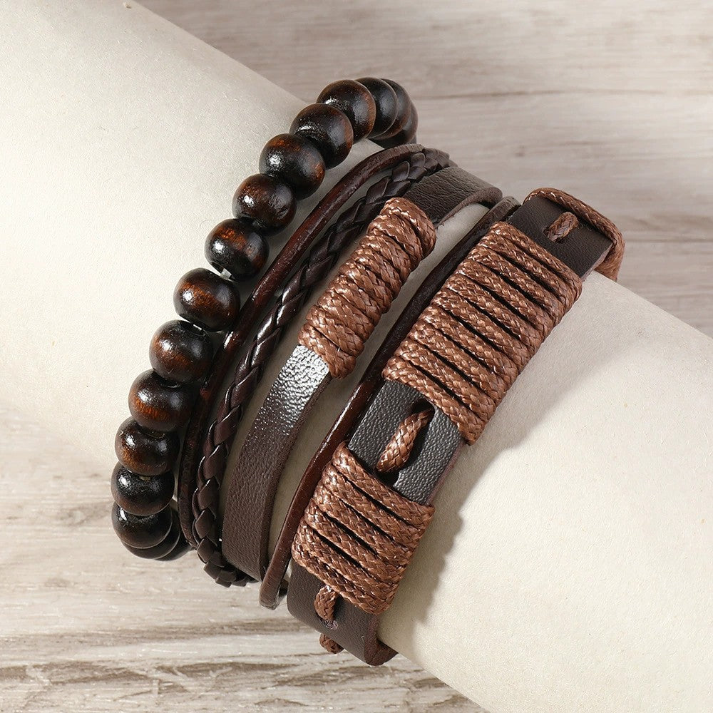 Men's 3-Piece Tribal Waxed Cord and Leather Bracelet Set - Terrakai