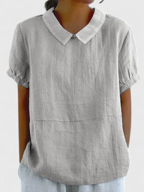 Women's Relaxed Short Sleeve Blouse – Casual Collared Pullover Top with Textured Fabric for Spring and Summer