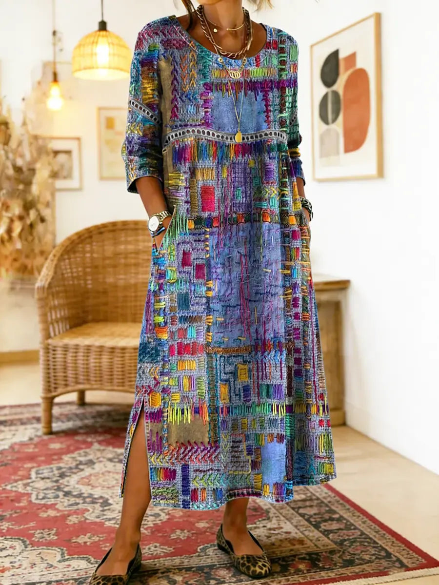 Manuela | Boho Printed Denim Dress with Ethnic Patchwork