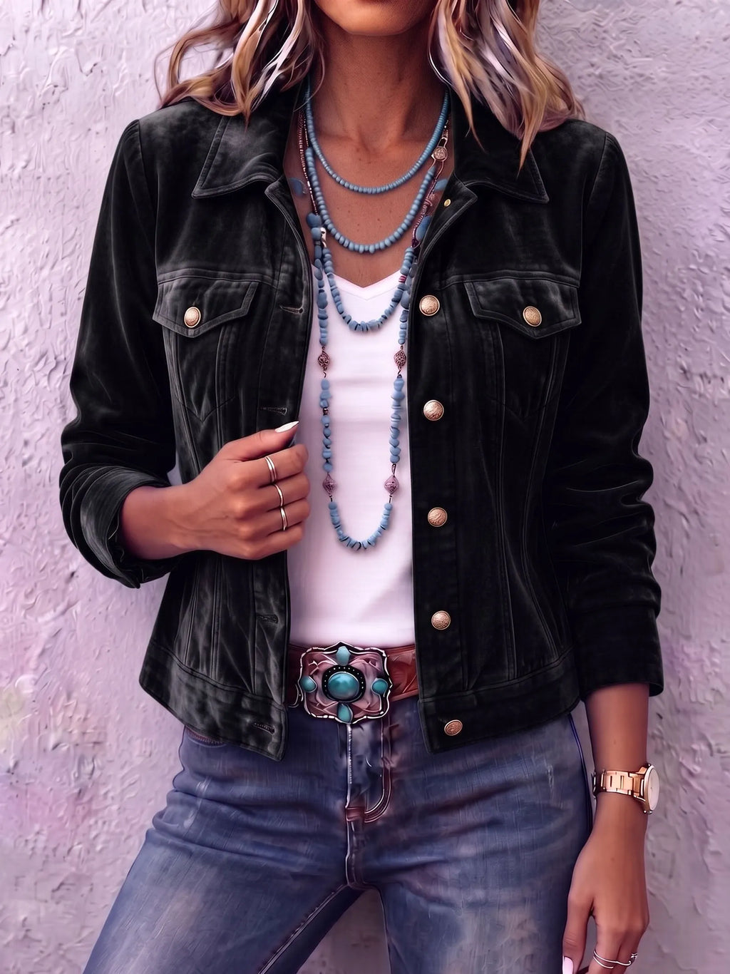 Amandria - Vintage Wash Button Long Sleeve Jacket