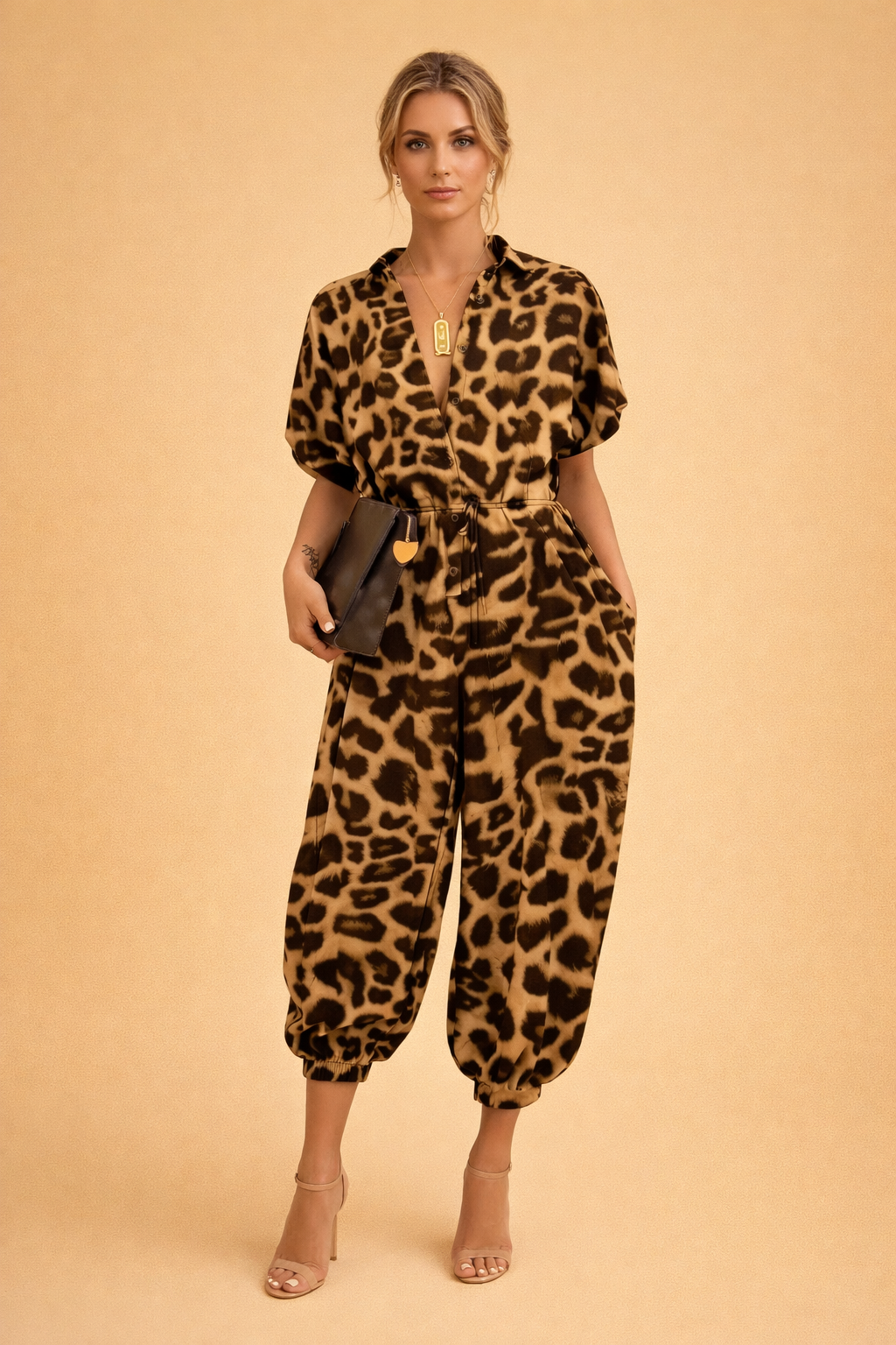 Women's Printed V-Neck Top and Tapered Trousers Set – Relaxed Casual Co-Ord for Everyday Wear