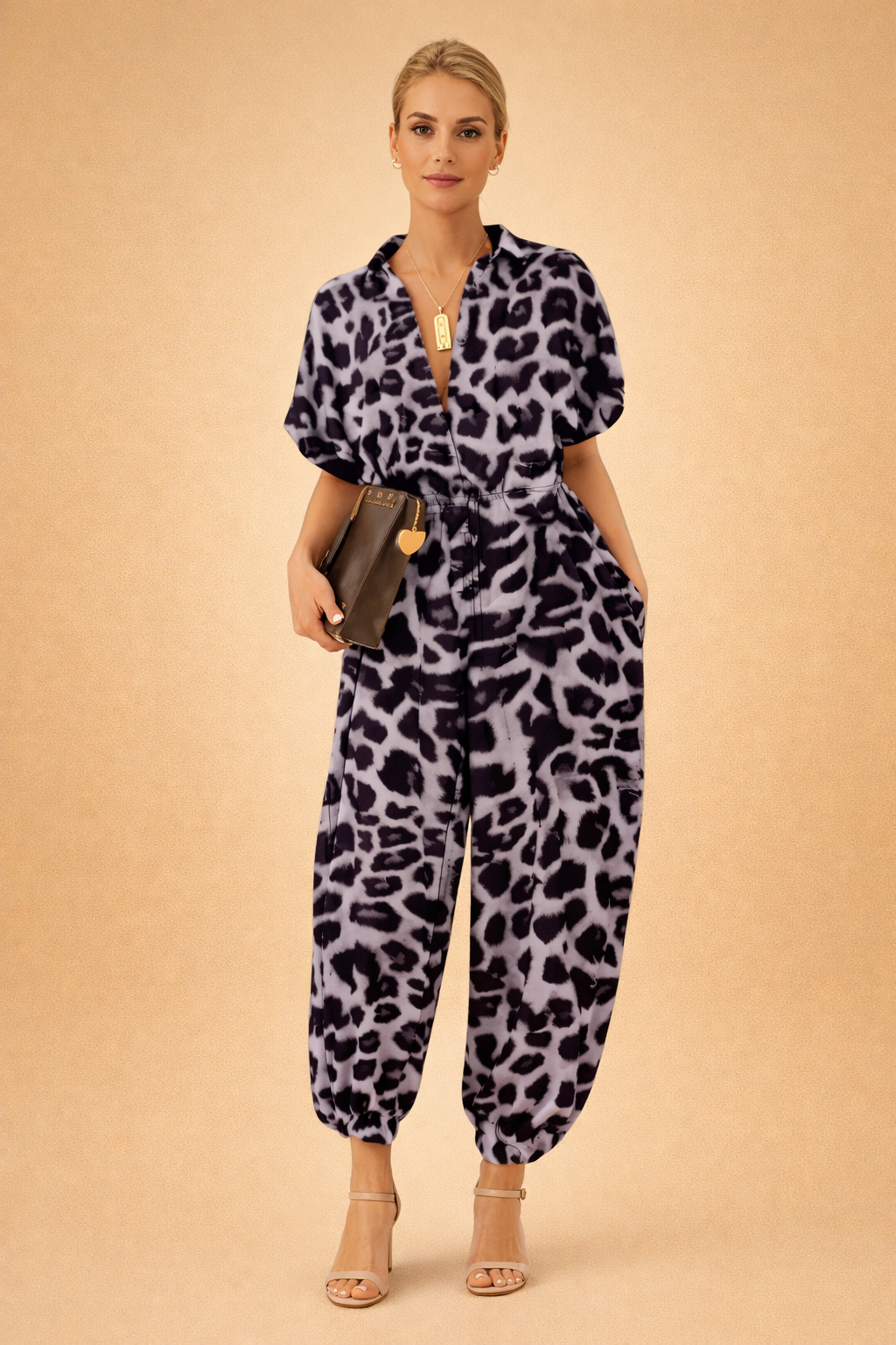 Women's Printed V-Neck Top and Tapered Trousers Set – Relaxed Casual Co-Ord for Everyday Wear
