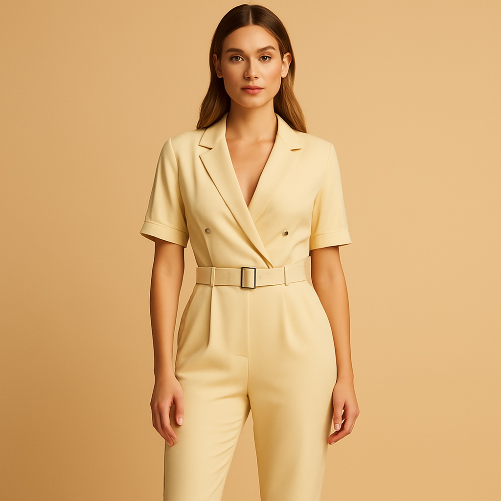 Women's Belted Tailored Jumpsuit with Notched Lapels – Elegant Short-Sleeve Office Wear