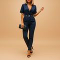 Women's Belted Tailored Jumpsuit with Notched Lapels – Elegant Short-Sleeve Office Wear