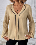 Women’s Textured V-Neck Blouse with Contrast Piping and Gathered Long Sleeves – Elegant Smart Casual Top for Office and Everyday Wear