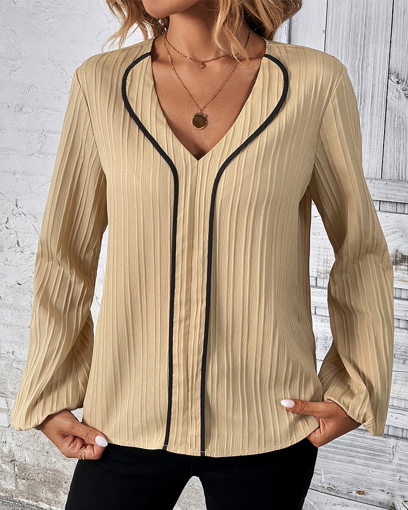 Women’s Textured V-Neck Blouse with Contrast Piping and Gathered Long Sleeves – Elegant Smart Casual Top for Office and Everyday Wear