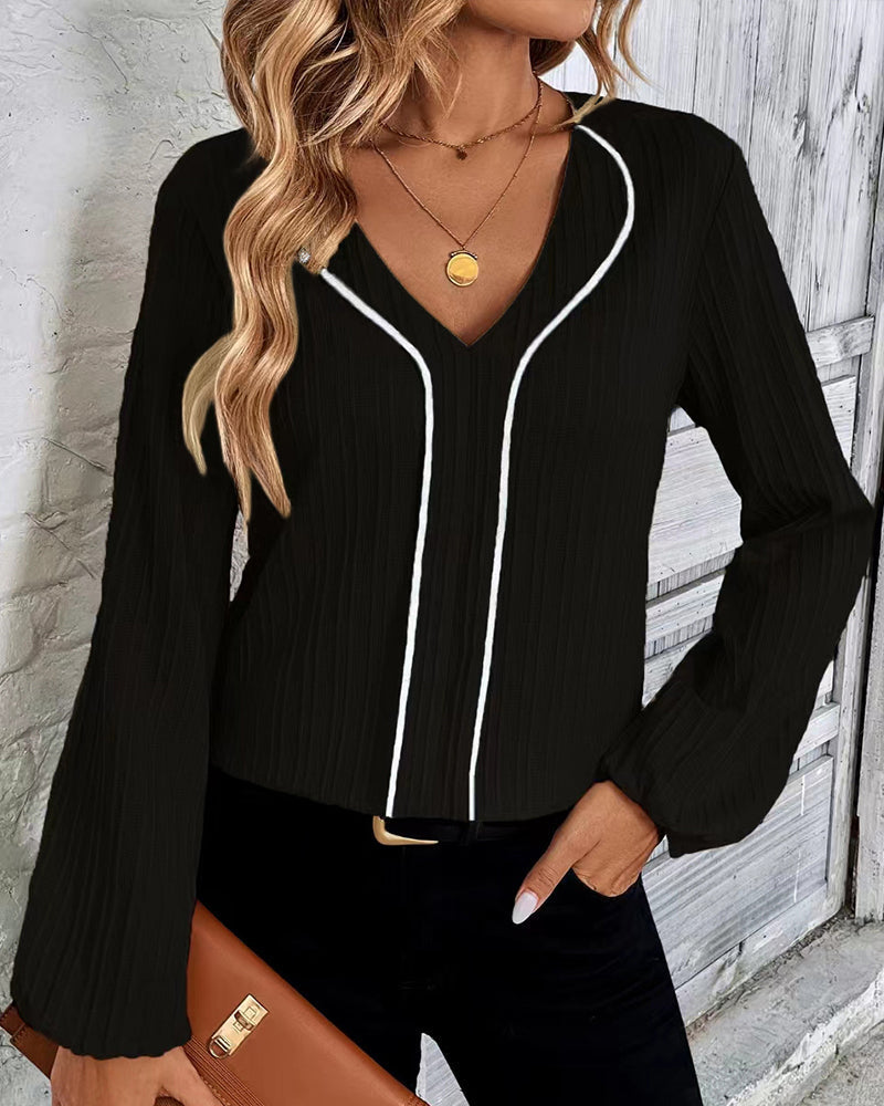Women’s Textured V-Neck Blouse with Contrast Piping and Gathered Long Sleeves – Elegant Smart Casual Top for Office and Everyday Wear