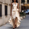 Elspeth - Women's Halter V-Neck Tie Waist Evening Dress
