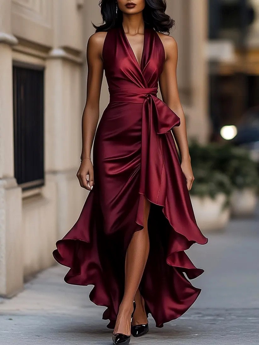 Elspeth - Women's Halter V-Neck Tie Waist Evening Dress