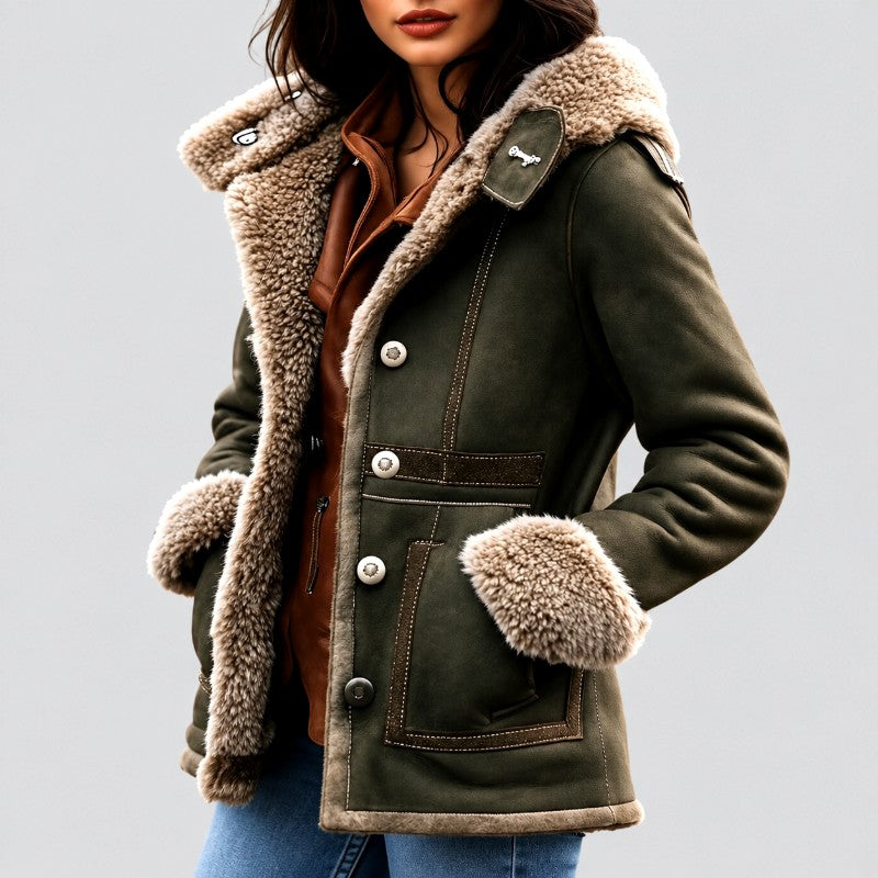 Estela - Women's Suede Hooded Faux Fur Coat