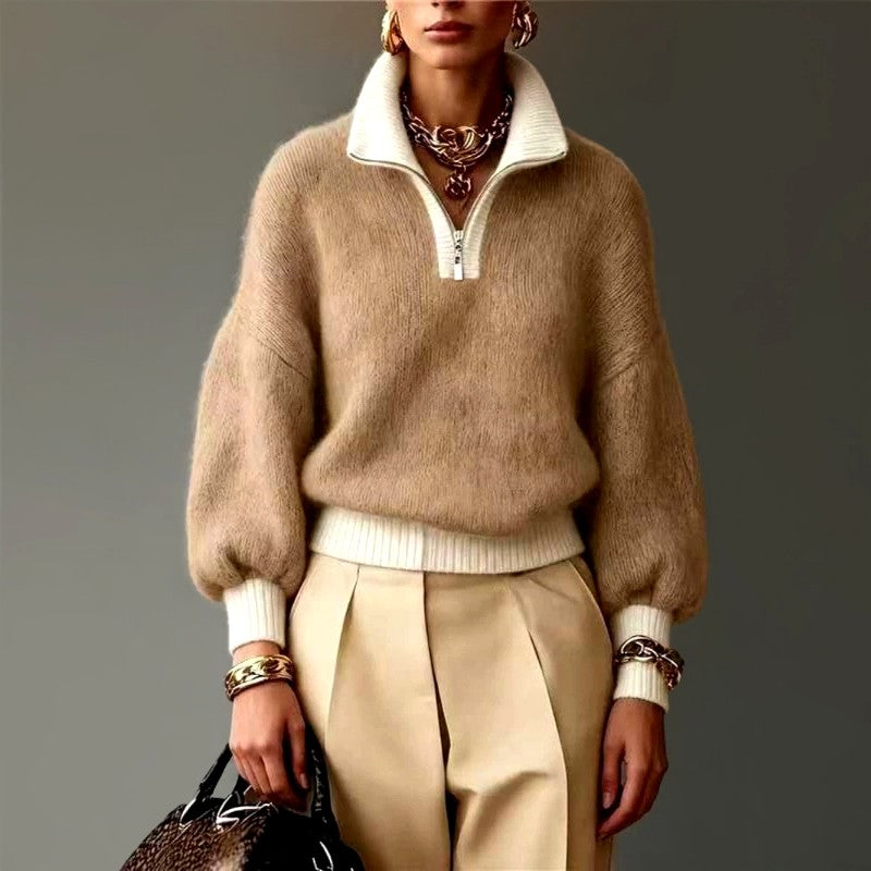 Eveline - Women's Quarter-Zip Mock Neck Knit Sweater
