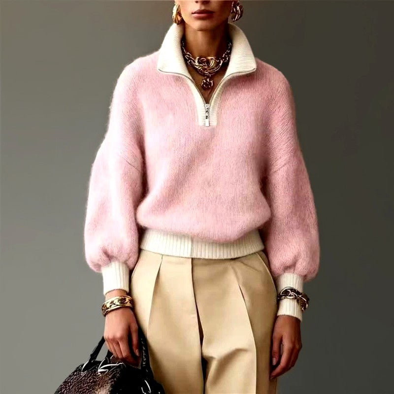 Eveline - Women's Quarter-Zip Mock Neck Knit Sweater