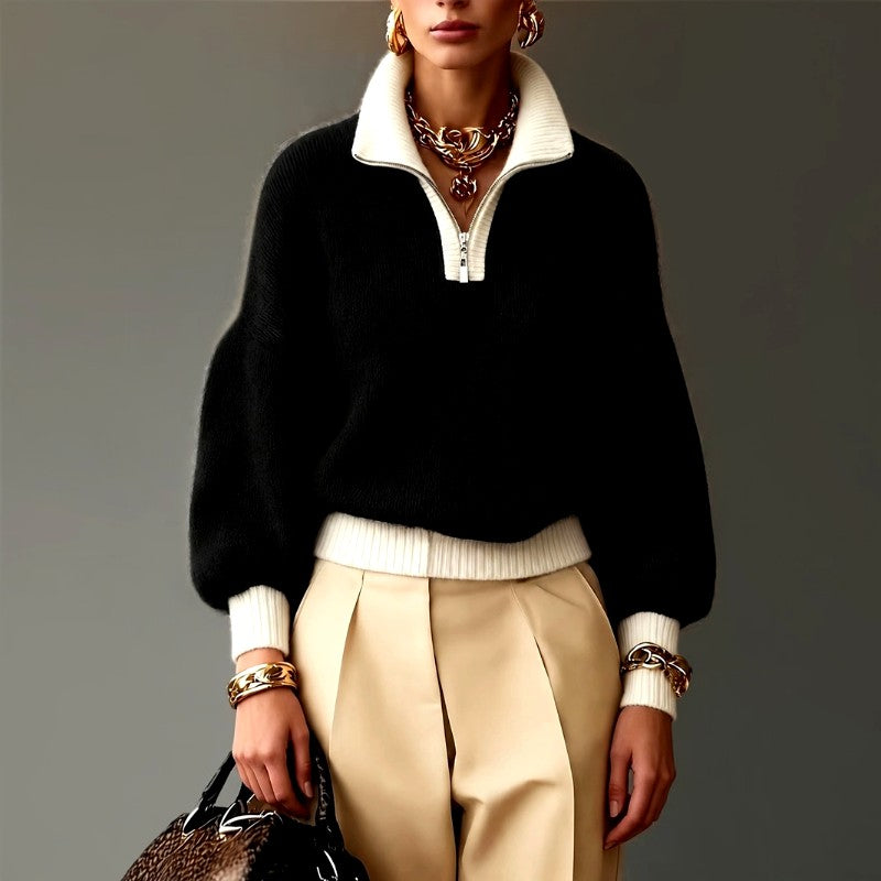Eveline - Women's Quarter-Zip Mock Neck Knit Sweater