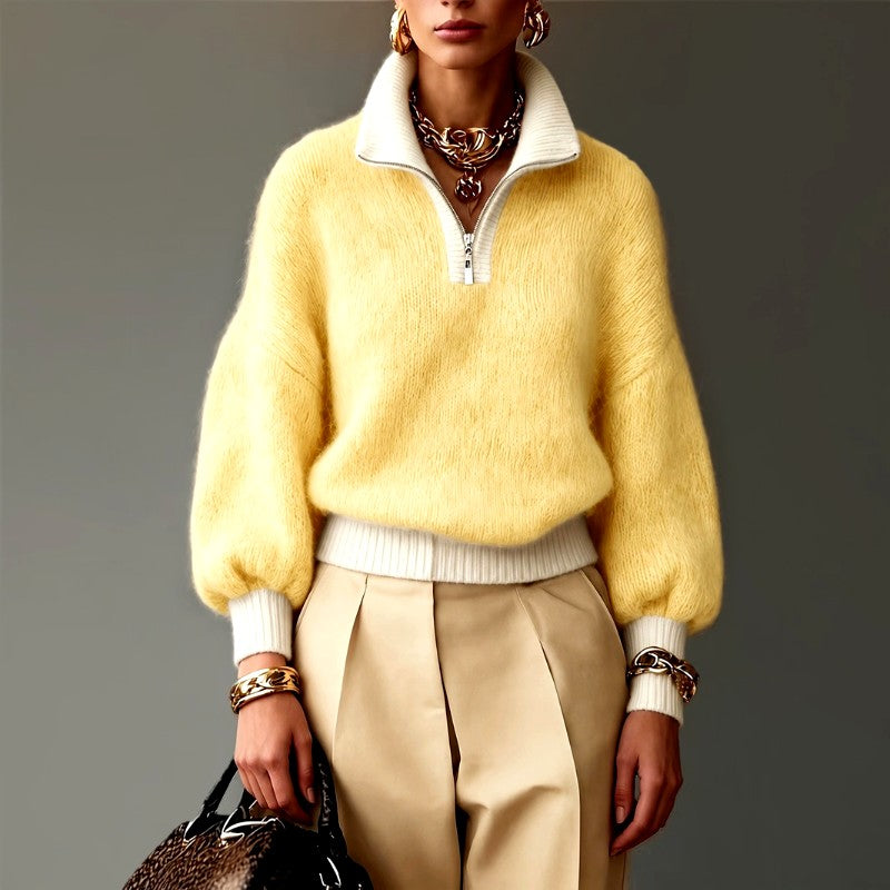 Eveline - Women's Quarter-Zip Mock Neck Knit Sweater