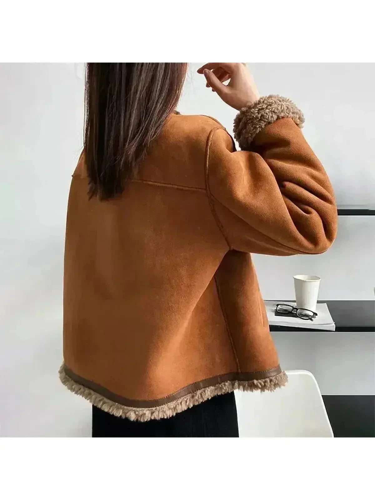 Women's Short Jacket with Faux Fur Trim