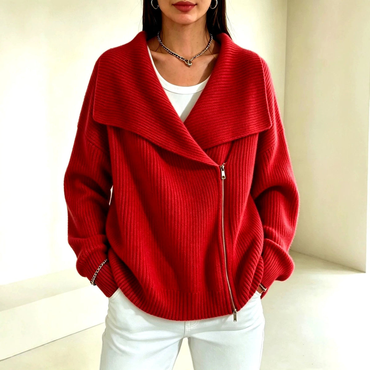 Evelyn - Women's Ribbed Wide Collar Zip-Up Knit Cardigan