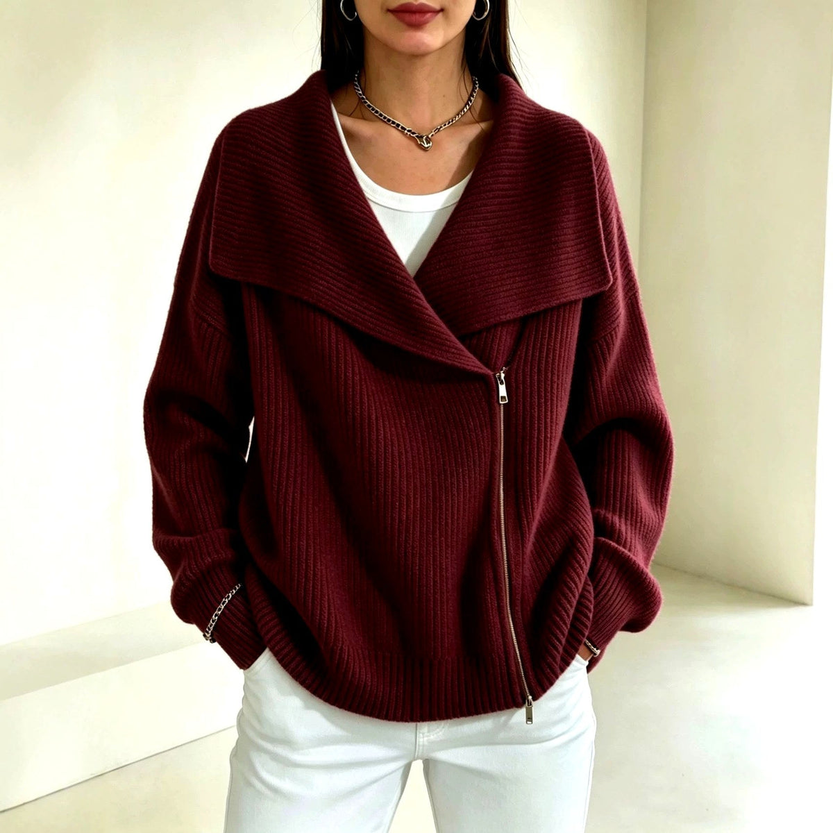 Evelyn - Women's Ribbed Wide Collar Zip-Up Knit Cardigan