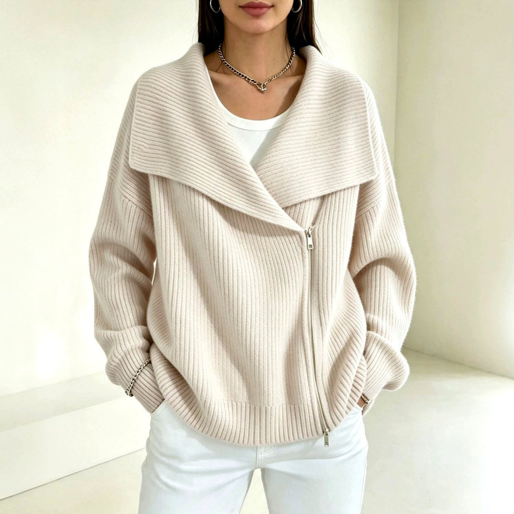 Evelyn - Women's Ribbed Wide Collar Zip-Up Knit Cardigan
