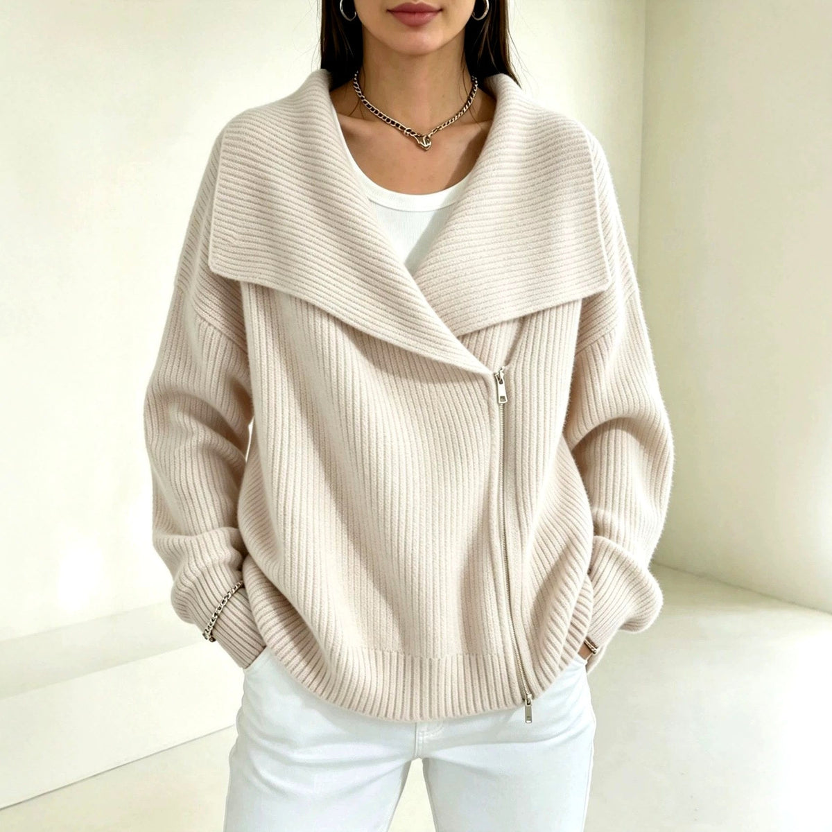 Evelyn - Women's Ribbed Wide Collar Zip-Up Knit Cardigan