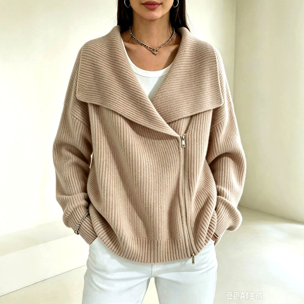 Evelyn - Women's Ribbed Wide Collar Zip-Up Knit Cardigan
