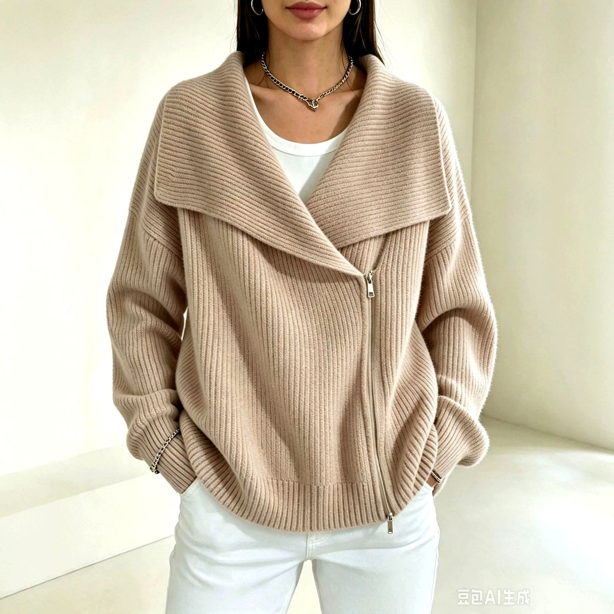 Evelyn - Women's Ribbed Wide Collar Zip-Up Knit Cardigan