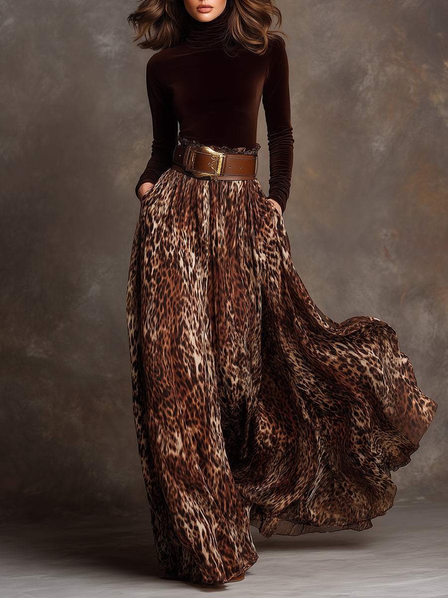 Refined Turtleneck Velvet Top & Leopard Print Long Skirt Set With Belt