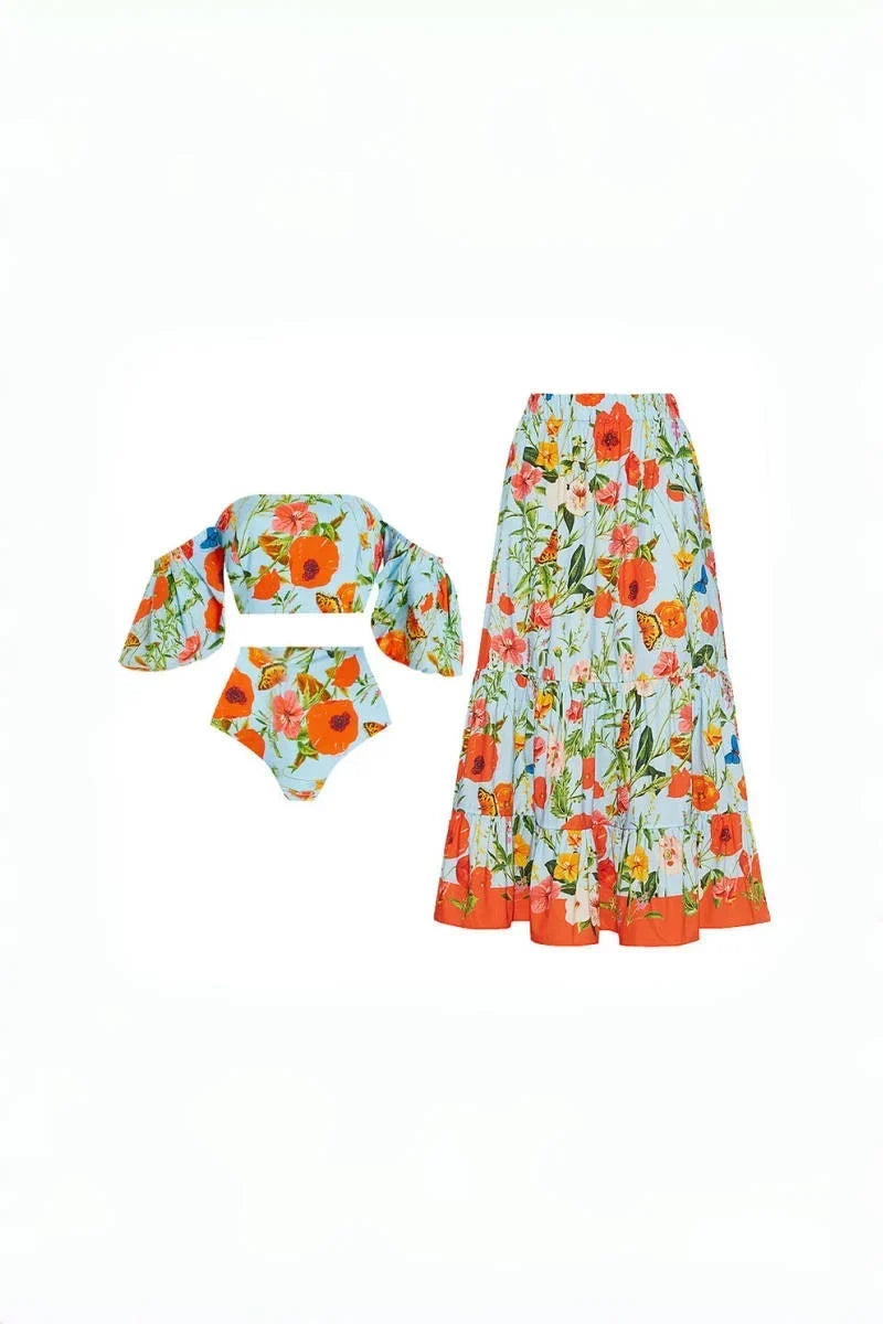 Flower Puff Sleeve High-Waisted Two-Piece Bikini