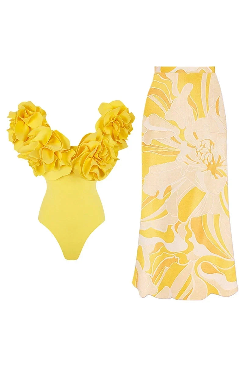 3D Flower Strapless Solid One-Piece Swimwear