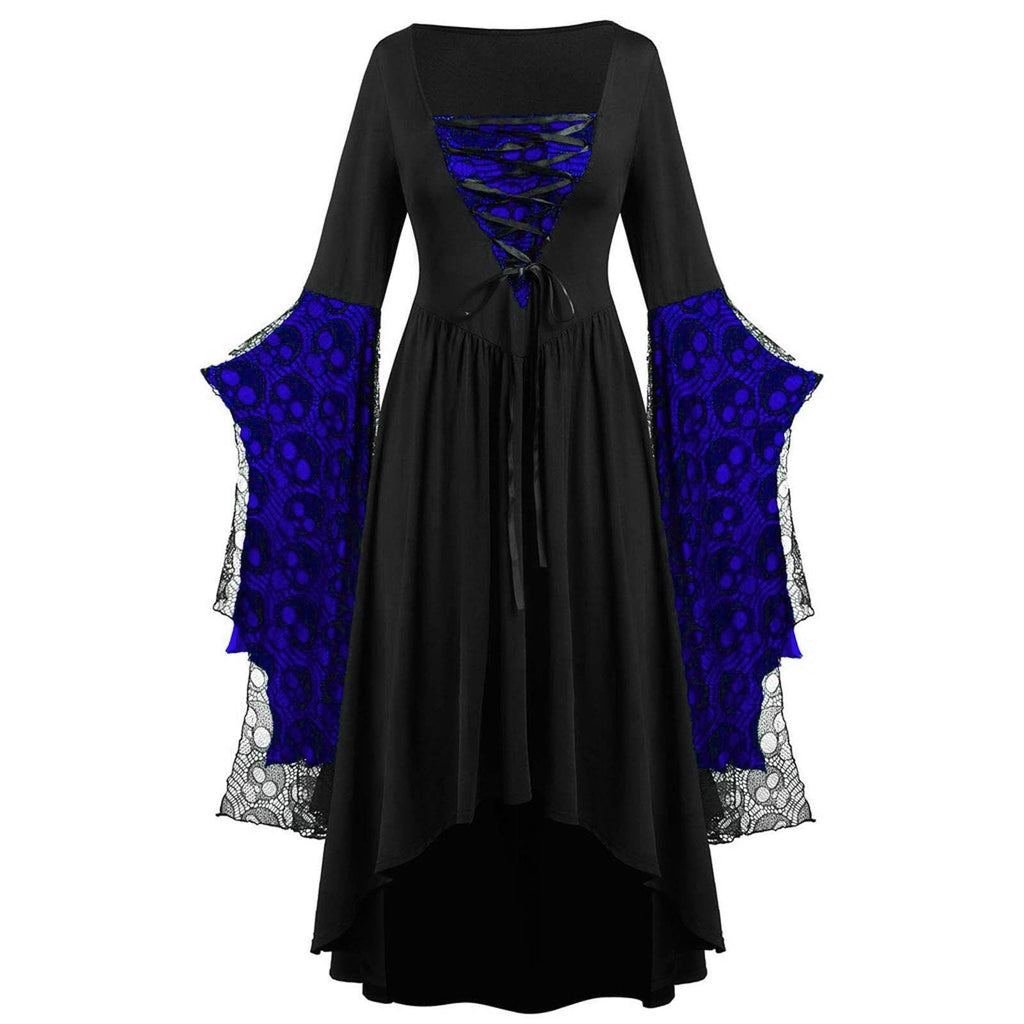 Women's Lace Sleeve High-Low Maxi Dress – Square Neck Lace Up Evening Dress for Themed Parties and Special Occasions
