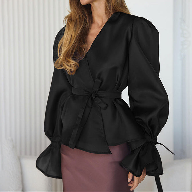 Women's Elegant Satin-Look Wrap Blouse – V-Neck Tie Waist Top with Balloon Sleeves for Evening and Smart Casual Wear