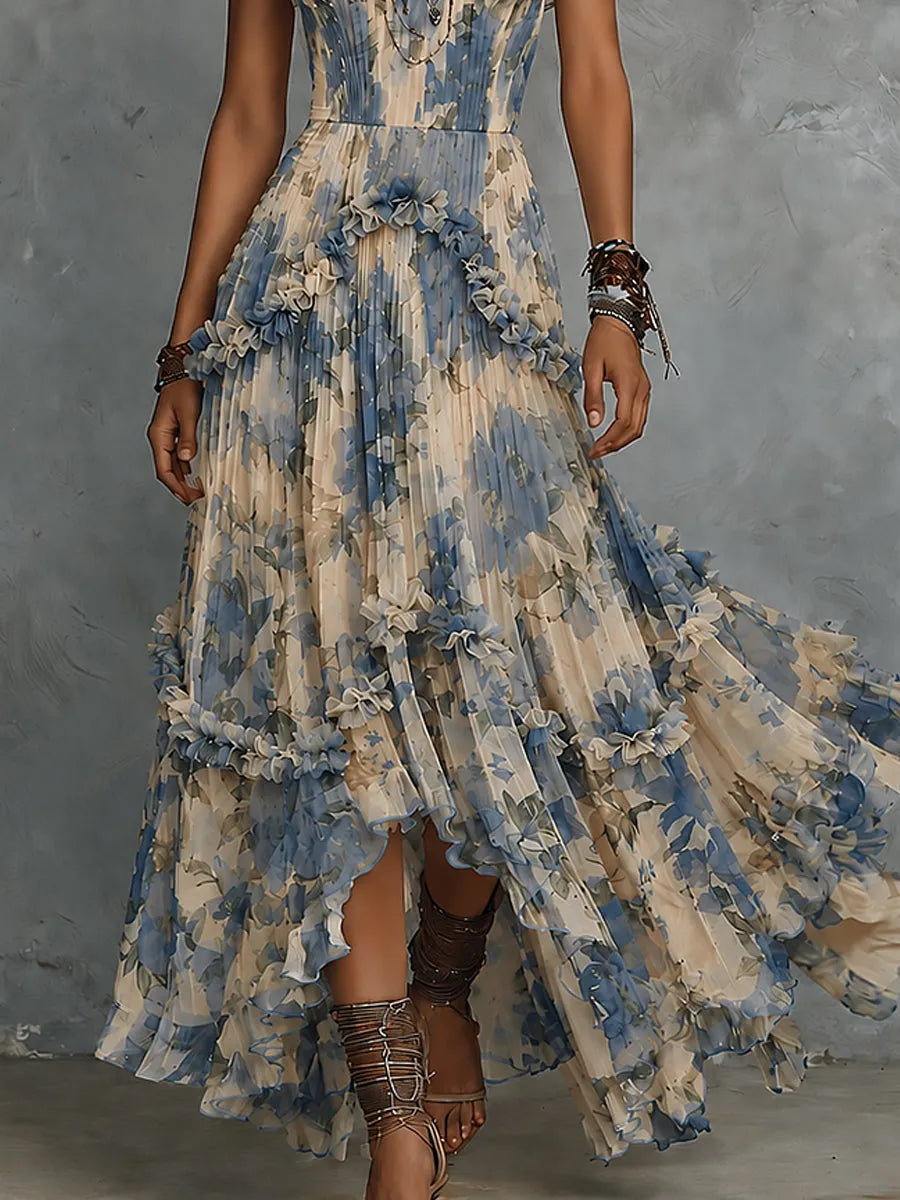 Melanie | Elegant strapless printed chiffon maxi dress with ruffles